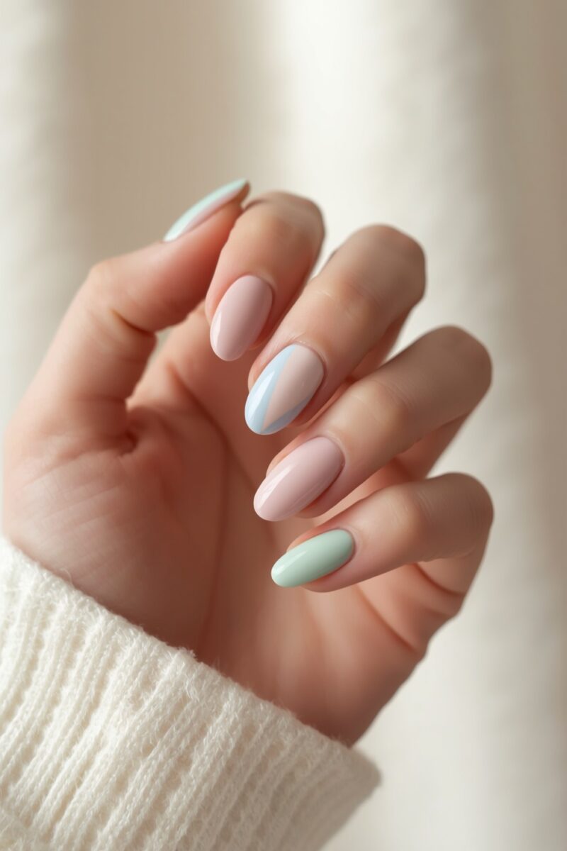 Close-up of almond-shaped nails with pastel pink, mint green, and baby blue polish on a hand in a white sweater