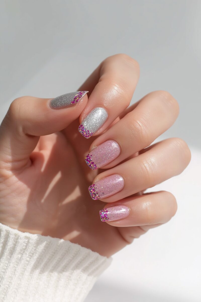 Close-up of manicured nails with silver glitter and pink chunky glitter French tips on short square nails