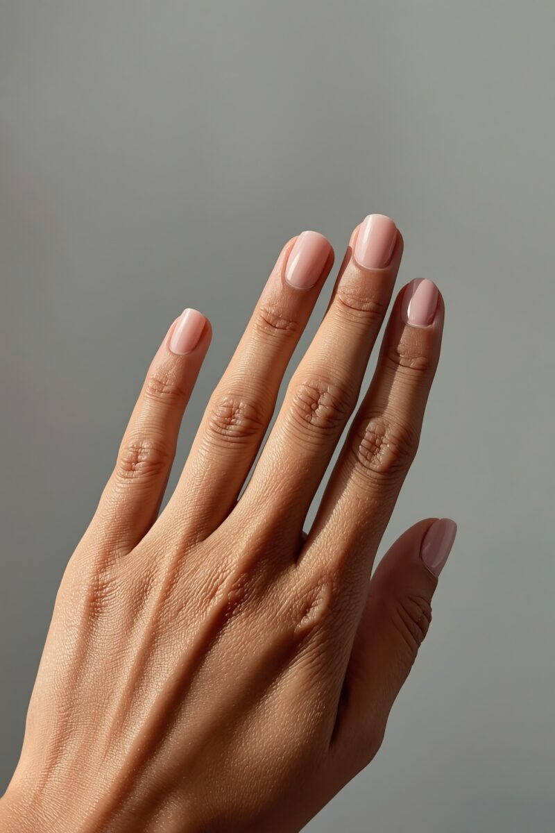 Close-up of a hand with short rounded nails painted in sheer pale pink nail polish on gray background