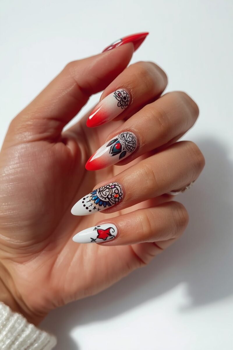 Almond-shaped nails with red ombre gradient and white nails featuring intricate mandala and dreamcatcher nail art designs