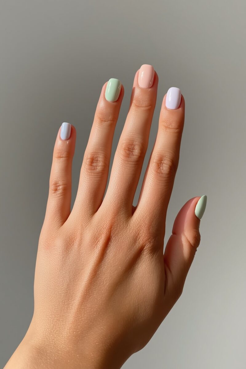 Close-up of a hand with short nails painted in pastel colors: light blue, mint green, peach, lavender, and sage green