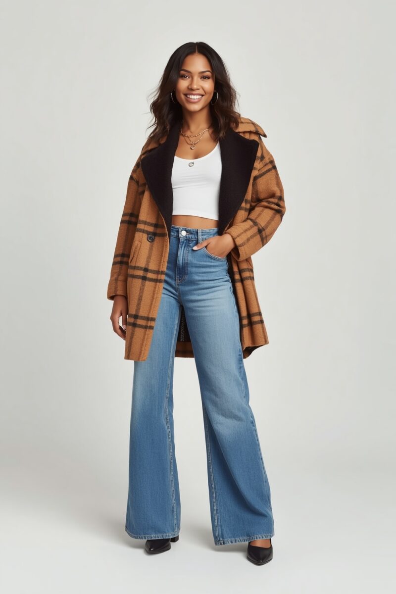 Woman wearing tan plaid oversized coat, white crop top, high-waist wide-leg blue jeans, and black heels