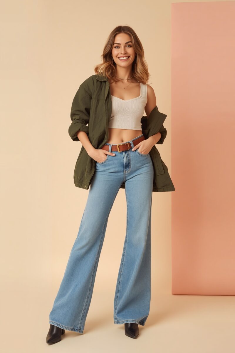 Woman wearing white crop top, light wash wide-leg jeans, brown belt, olive green jacket, and black heeled boots