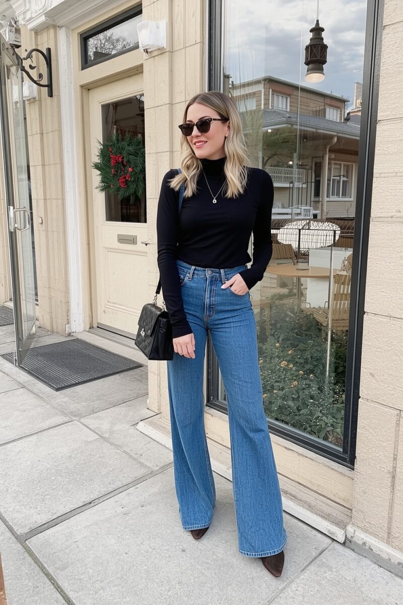 Woman wearing black turtleneck, wide-leg blue jeans, dark sunglasses, and black quilted bag outside a building