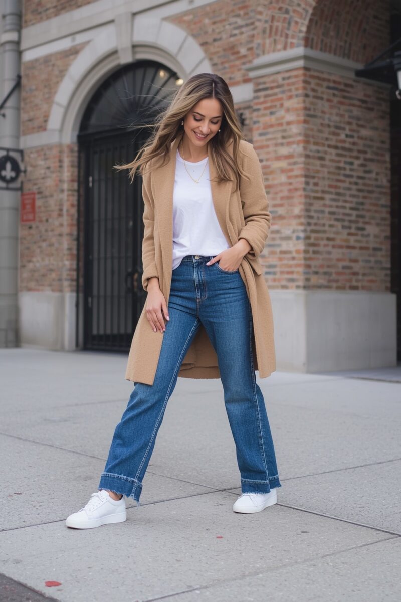 Woman in camel wool coat, white tee, blue straight-leg jeans, and white sneakers posing on urban sidewalk