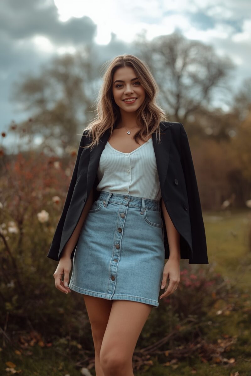 Young woman smiling outdoors wearing black blazer, white ribbed top, and light blue denim button-front mini skirt
