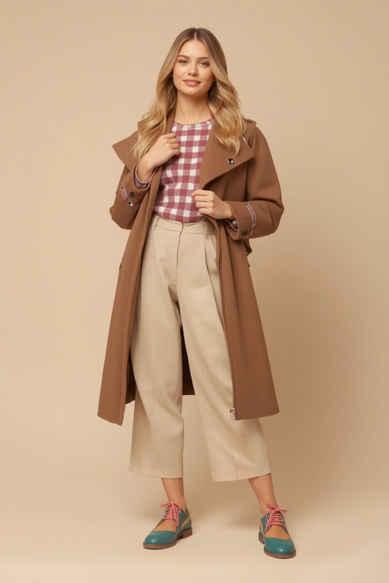 Woman wearing camel trench coat, gingham knit top, beige wide-leg culottes, and teal Oxford shoes