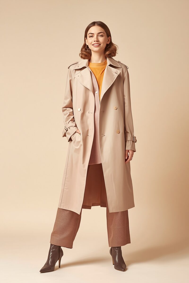 Woman wearing beige double-breasted trench coat, mustard sweater, brown plaid wide-leg trousers, and gray heeled boots