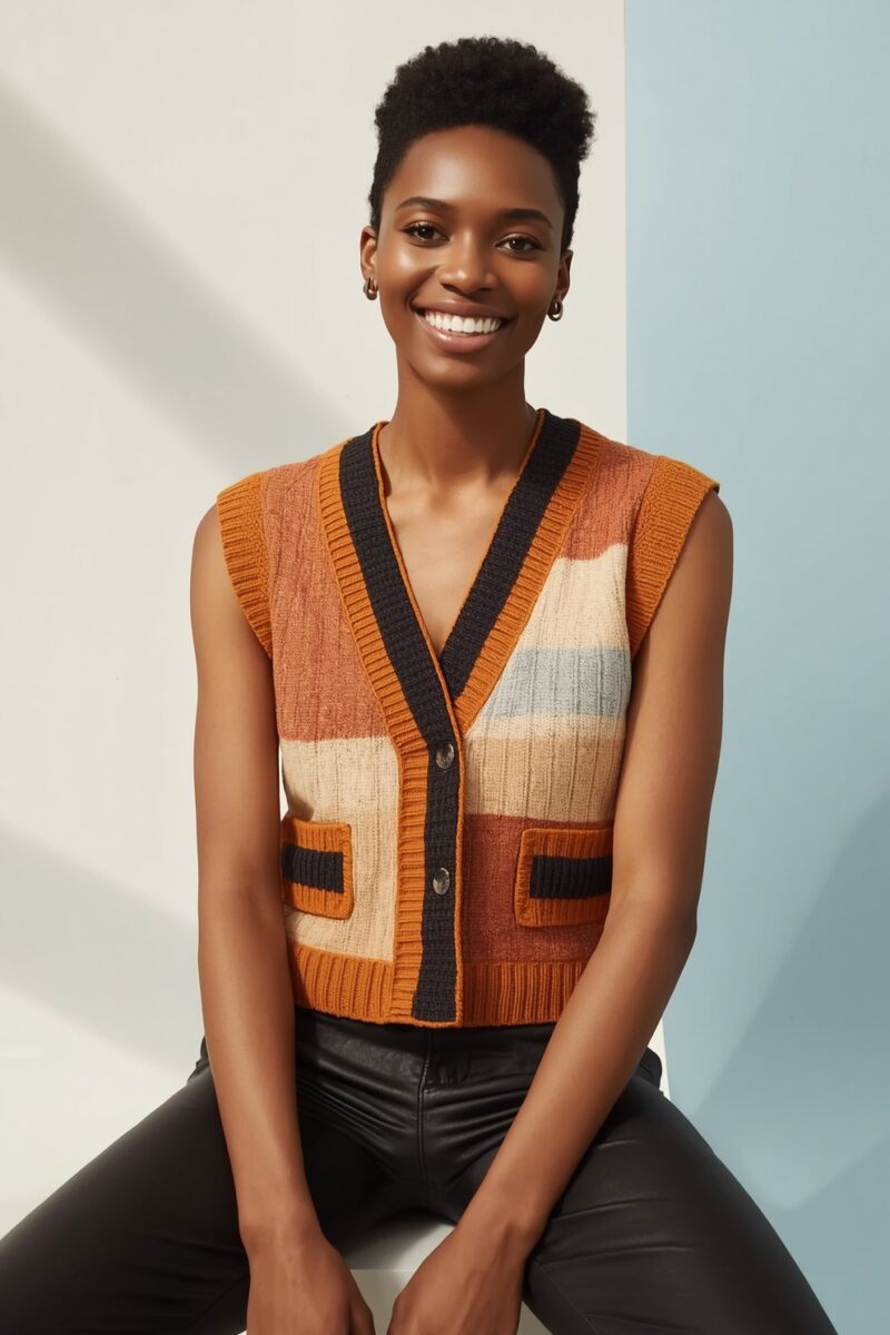 Smiling woman wearing a colorblock knit sweater vest in orange, cream, and rust tones with black trim and leather pants