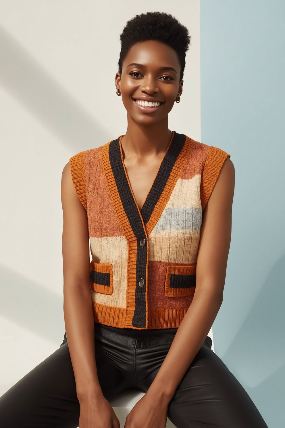 Smiling woman wearing a colorblock knit sweater vest in orange, cream, and rust tones with black trim and leather pants