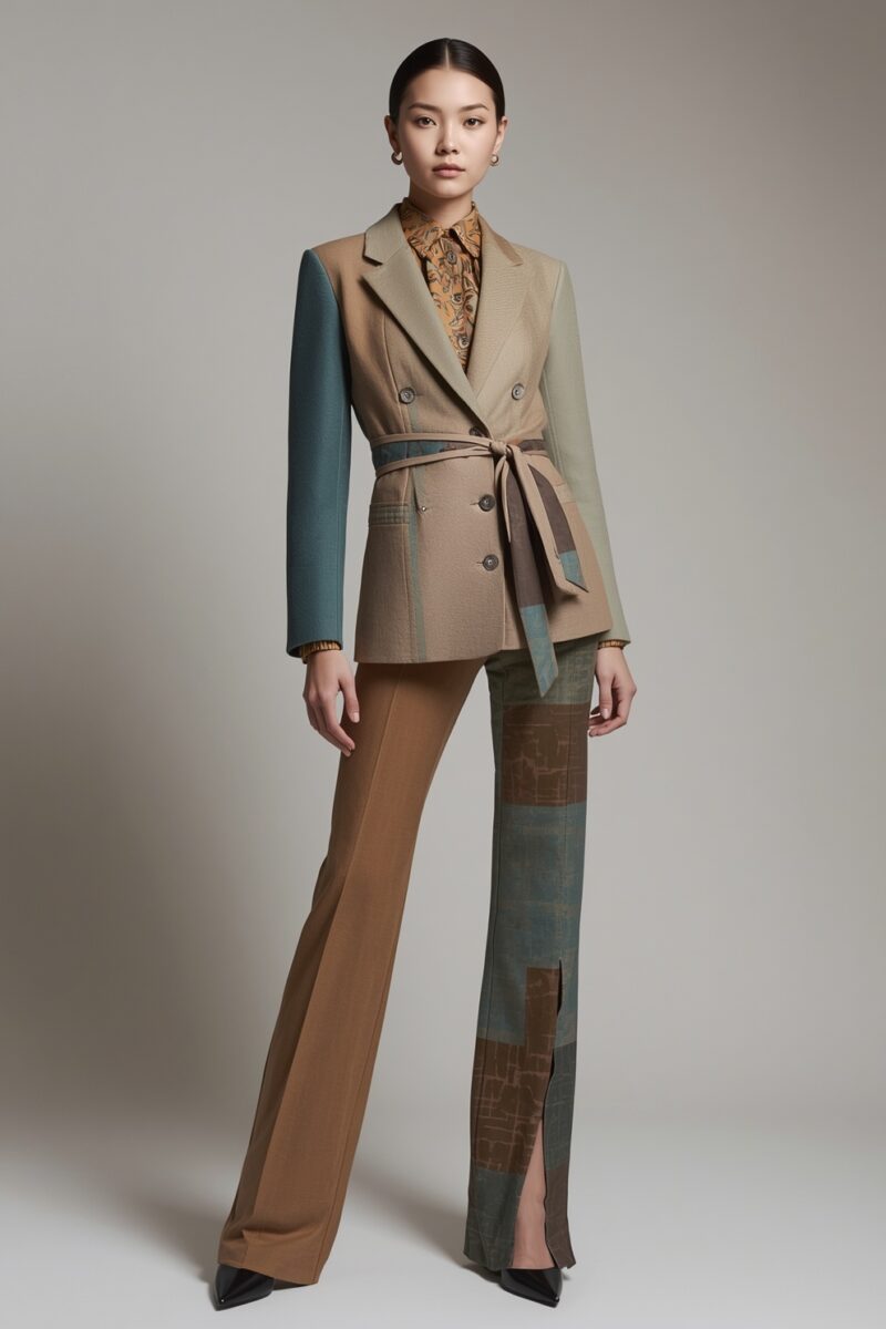 Female model wearing color-block patchwork blazer with belted waist and wide-leg flared trousers in brown and teal tones