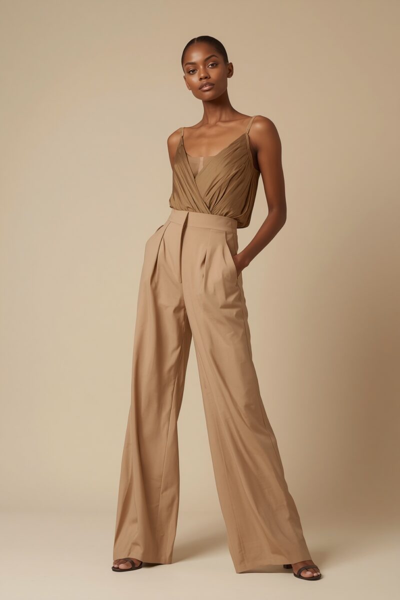 Female model wearing a draped olive camisole bodysuit with high-waist wide-leg camel trousers and strappy sandals