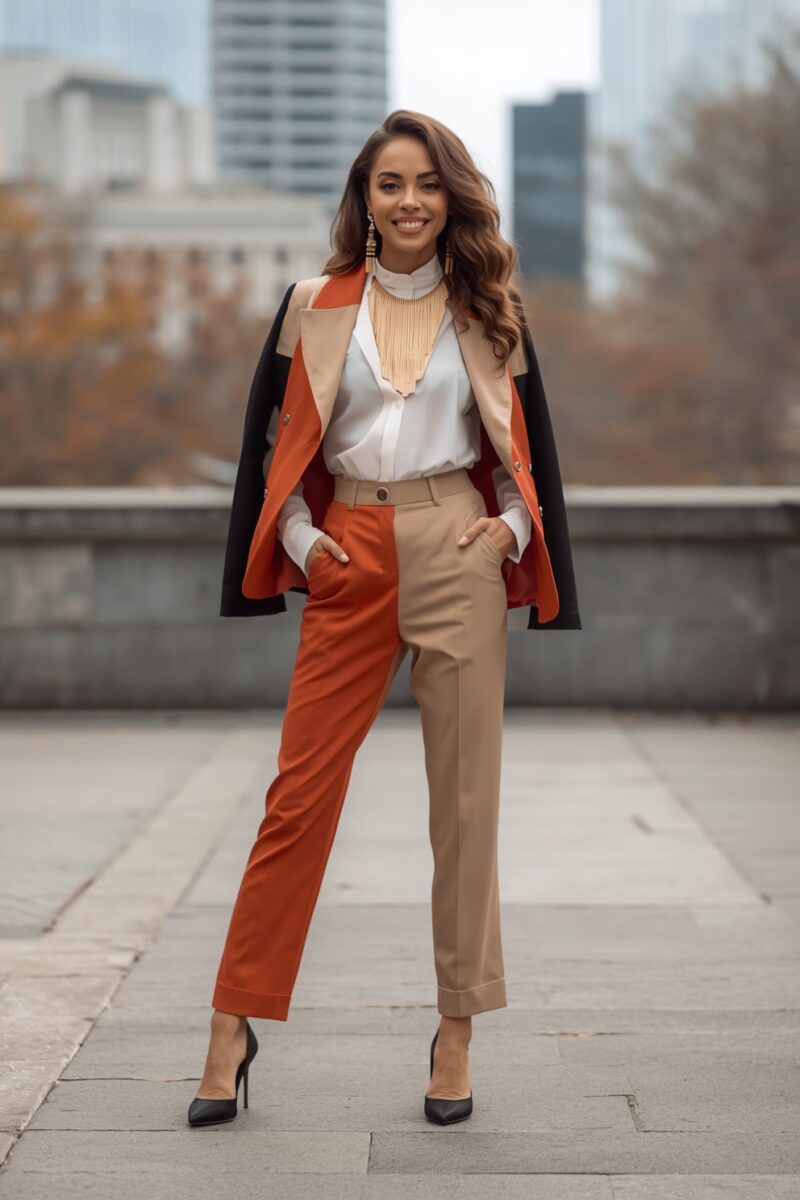 Stylish woman in color-block blazer, split orange and beige trousers, white blouse, and black heels outdoors