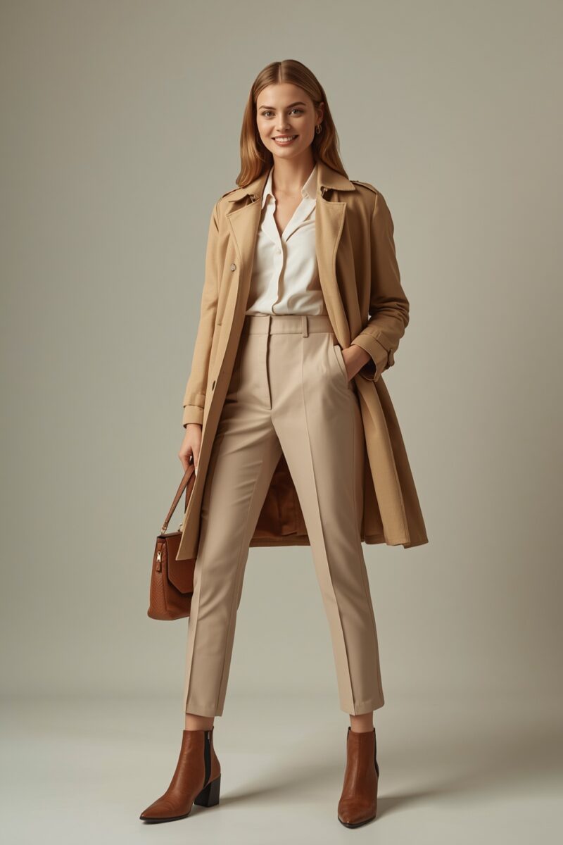 Woman in camel trench coat, white blouse, beige tailored trousers, brown ankle boots, holding brown leather handbag