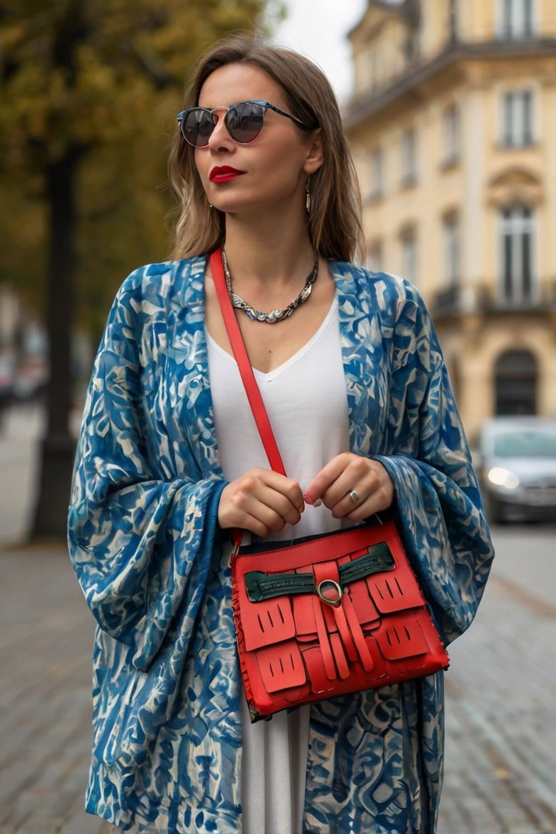Woman in blue and white printed kimono cardigan wearing red crossbody bag and sunglasses on city street