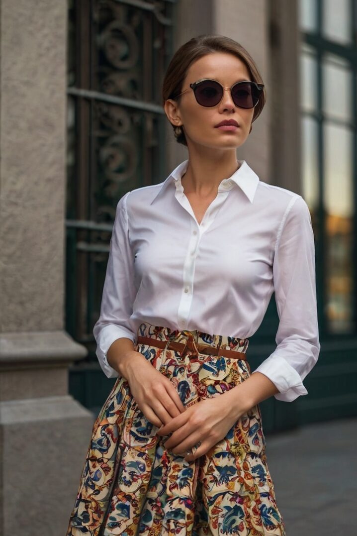 Woman in white button-down shirt and floral midi skirt with sunglasses posing on urban street