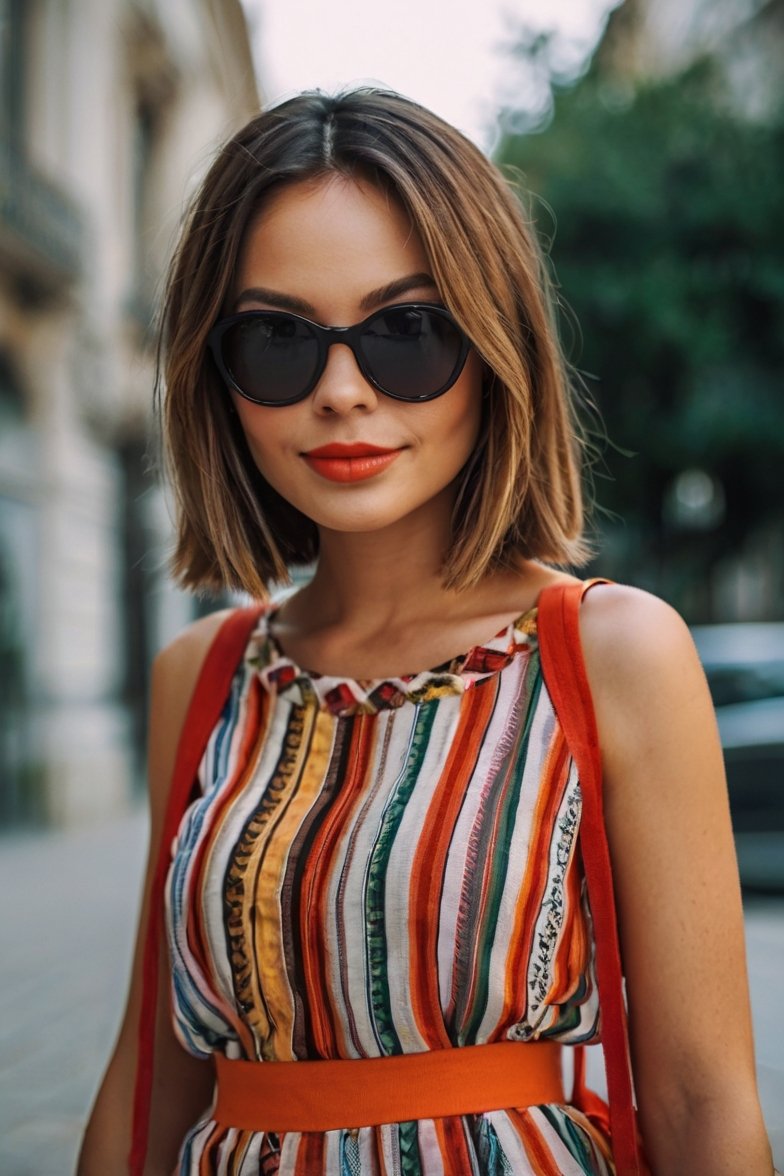 Young woman in colorful striped sundress and black cat-eye sunglasses with orange lip on city street