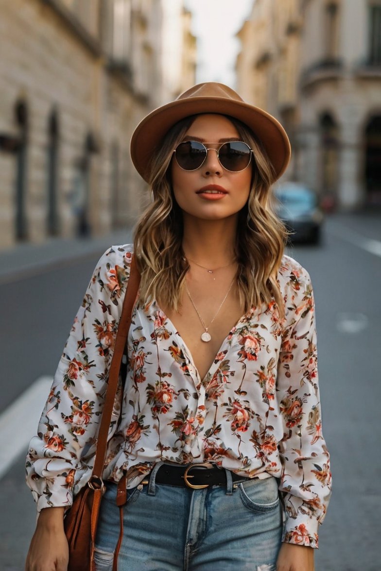 Woman in floral blouse, tan fedora hat, sunglasses, and jeans walking on a European street