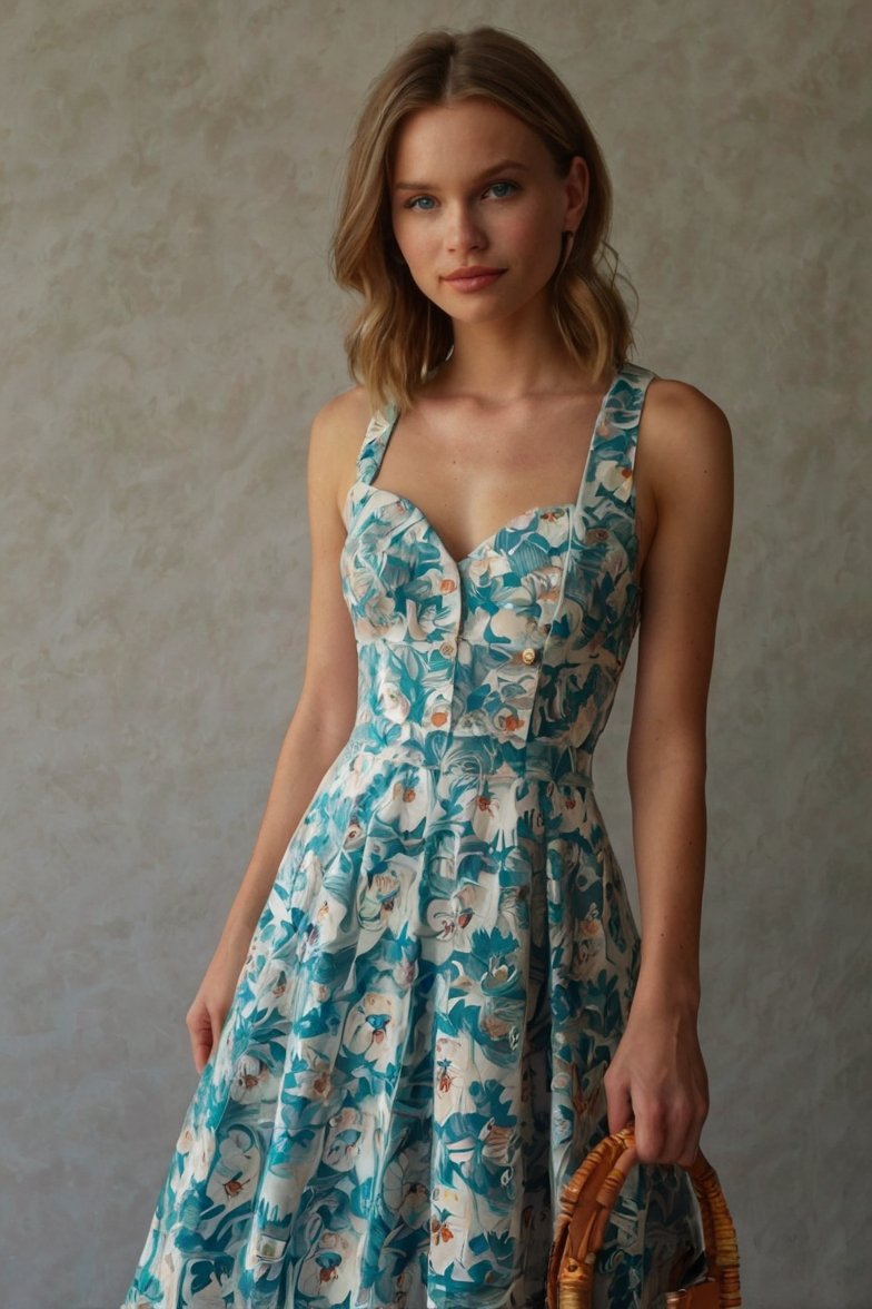 Woman wearing a white and teal floral print midi dress with sweetheart neckline and wide straps, holding a wicker bag