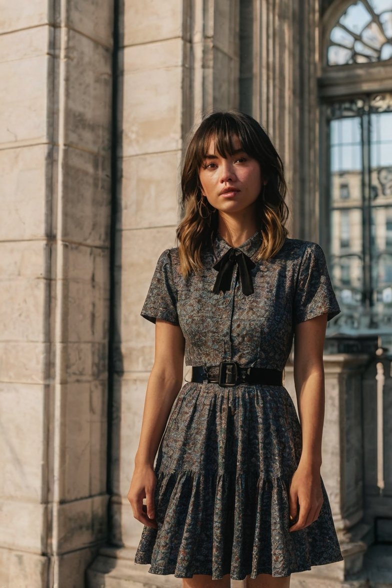 Young woman in floral mini dress with black belt and bow tie standing near stone columns