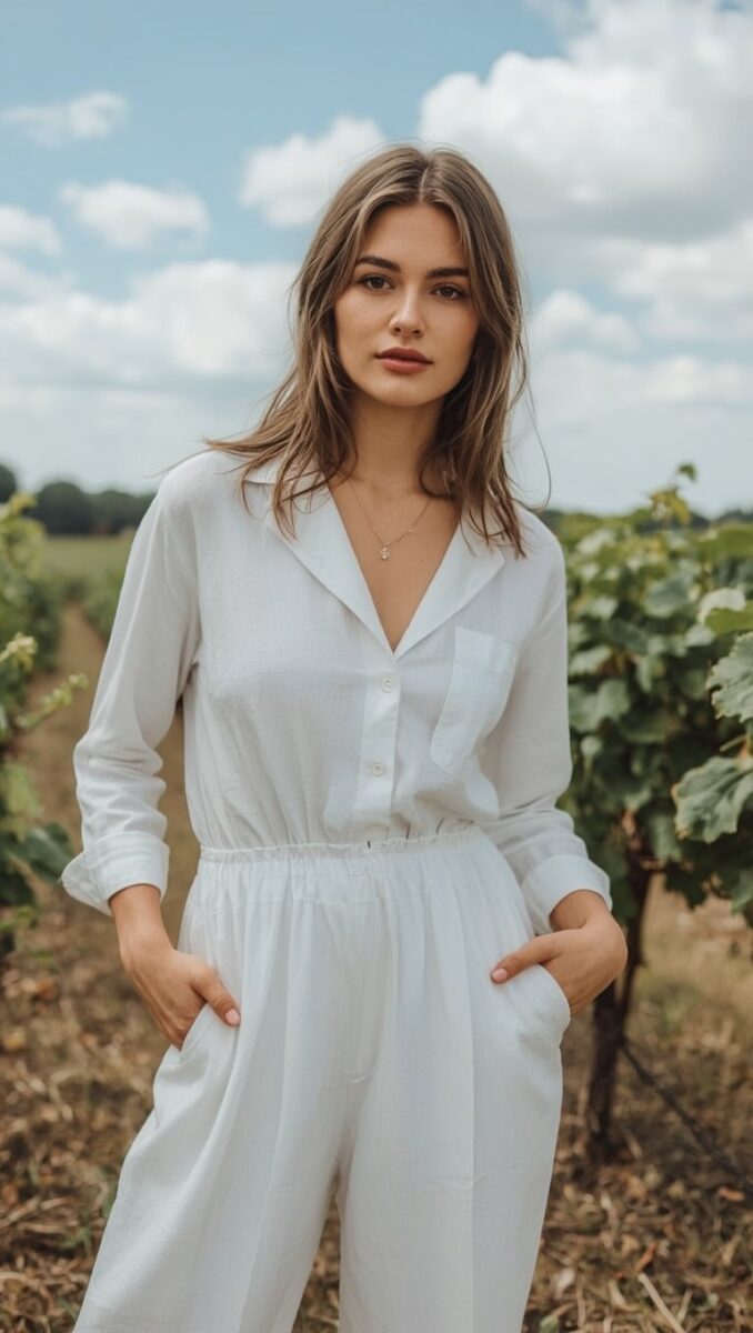 Young woman in white linen jumpsuit standing among vineyard rows under a partly cloudy sky