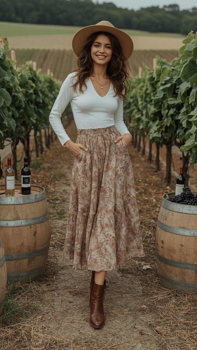 Smiling woman in floral midi skirt, white top, wide-brim hat and brown boots standing between wine barrels in a vineyard