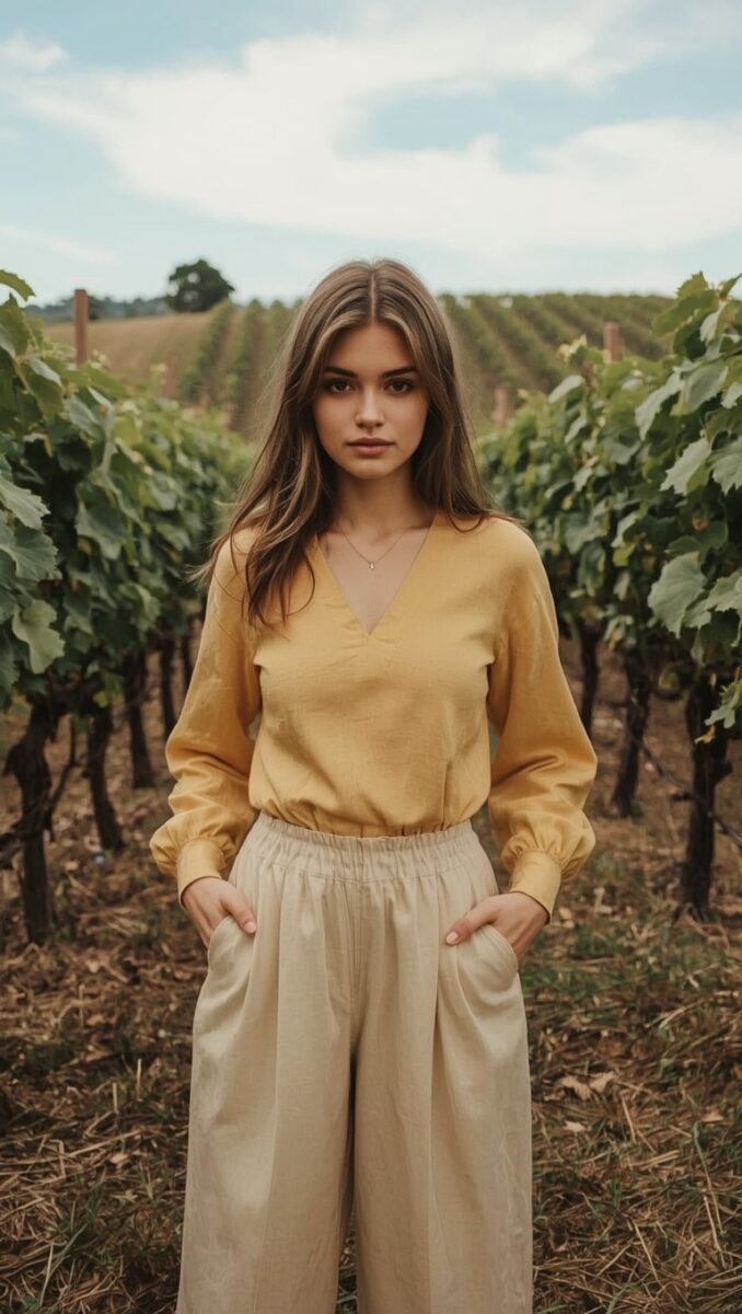 Young woman in yellow top and beige wide-leg pants standing between rows of grapevines in a vineyard