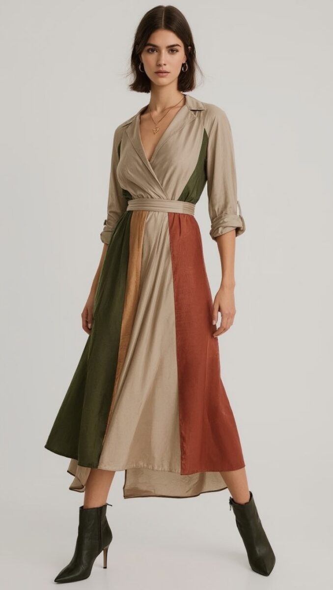 Woman wearing colorblock midi wrap dress in olive green, beige, and rust with black heeled ankle boots