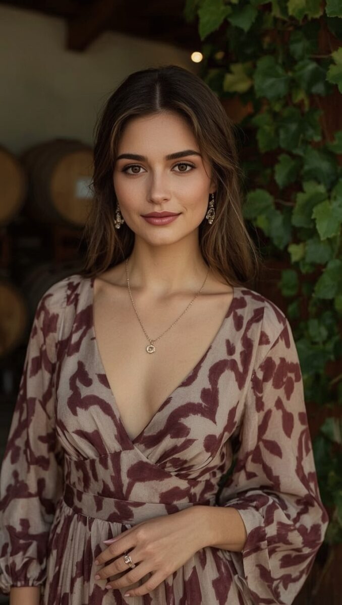 Young woman in floral wrap dress with burgundy pattern standing near wine barrels and ivy wall