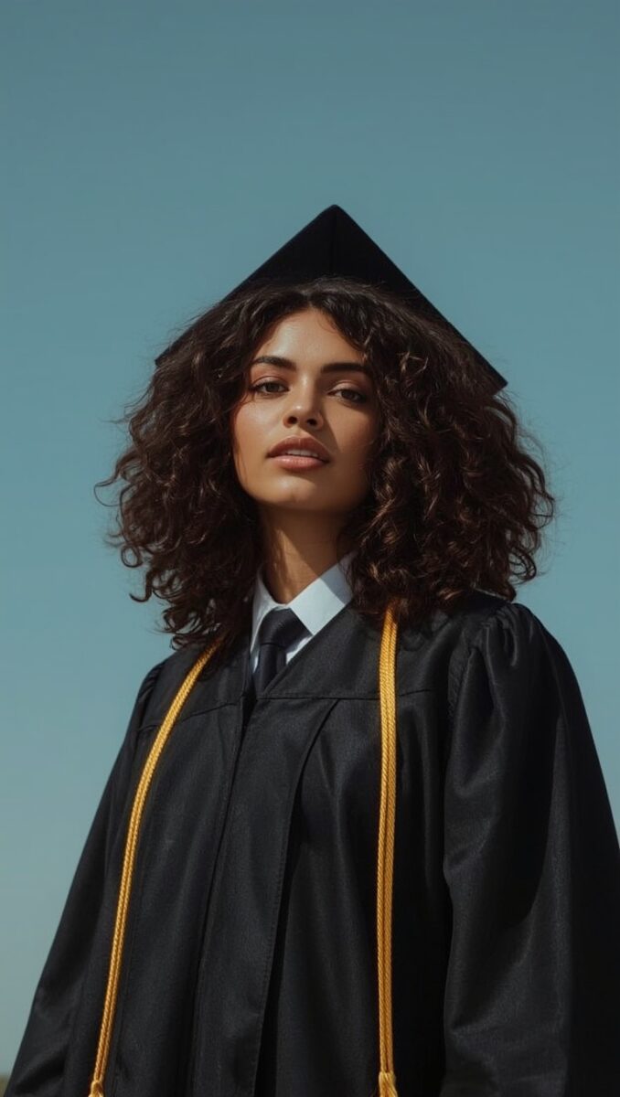Young woman in black graduation gown and cap with gold honor cords against a clear blue sky