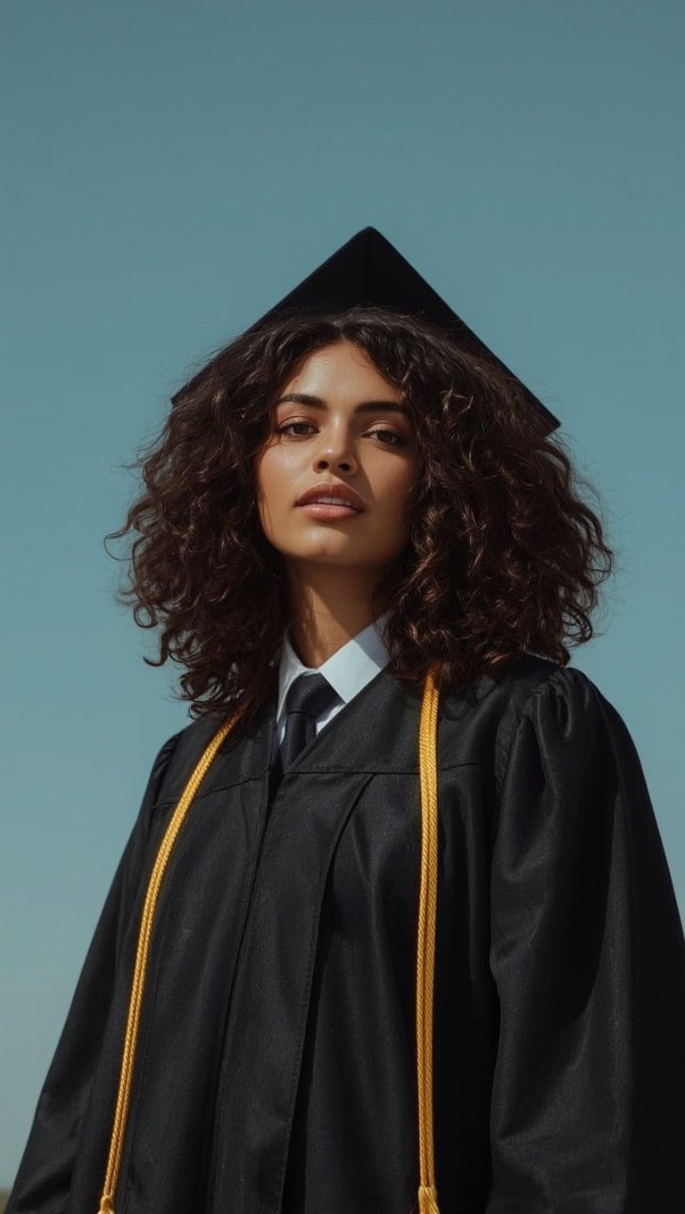 Young woman in black graduation gown and cap with gold honor cords against a clear blue sky