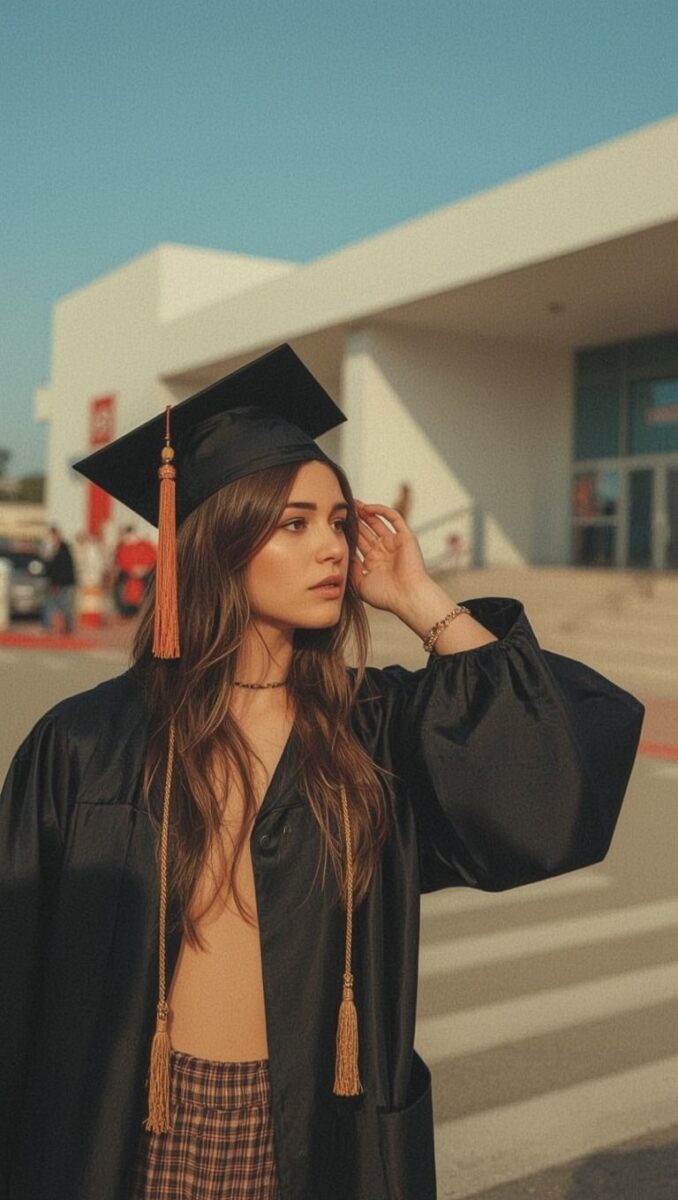 Young woman in black graduation cap and gown with gold honor cords standing outdoors on a sunny day