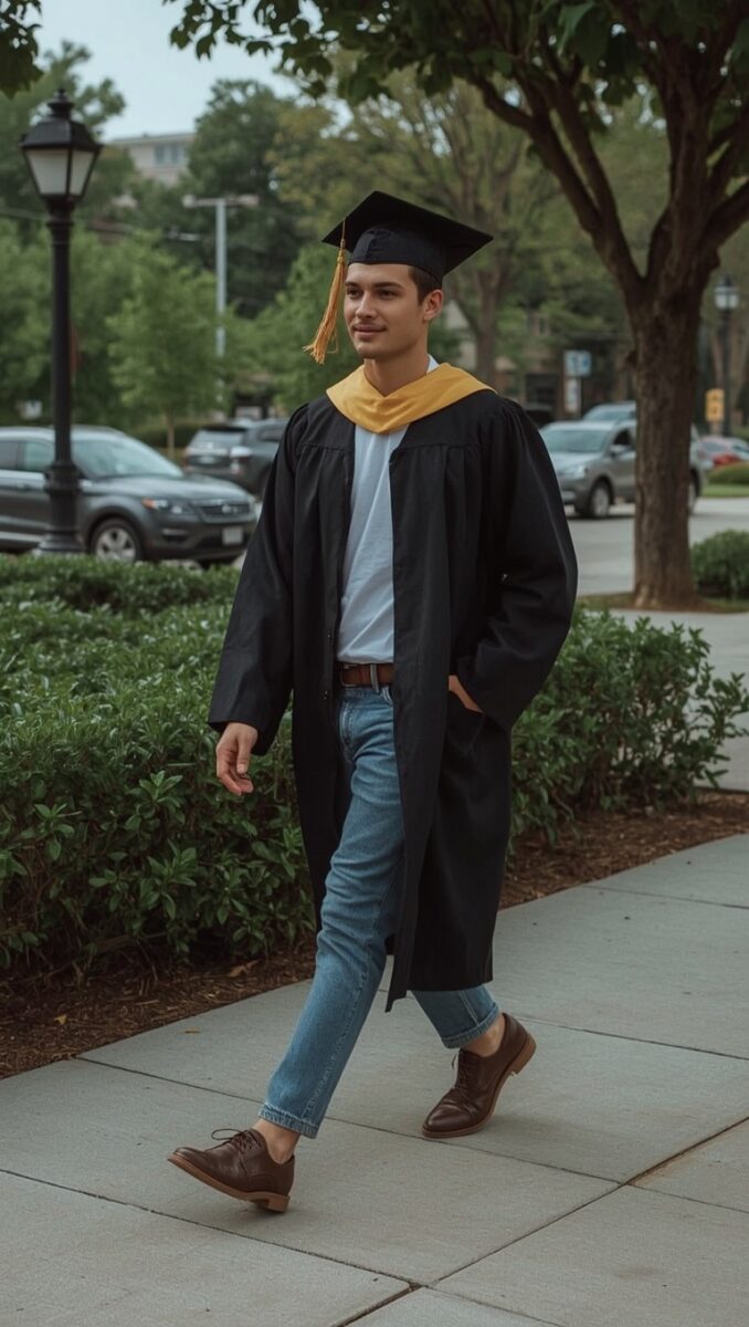 Young male graduate walking in black cap and gown with gold hood and tassel on a campus sidewalk