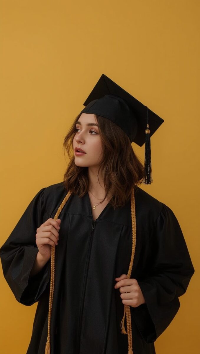 Young woman wearing black graduation cap and gown with gold honor cords against yellow background