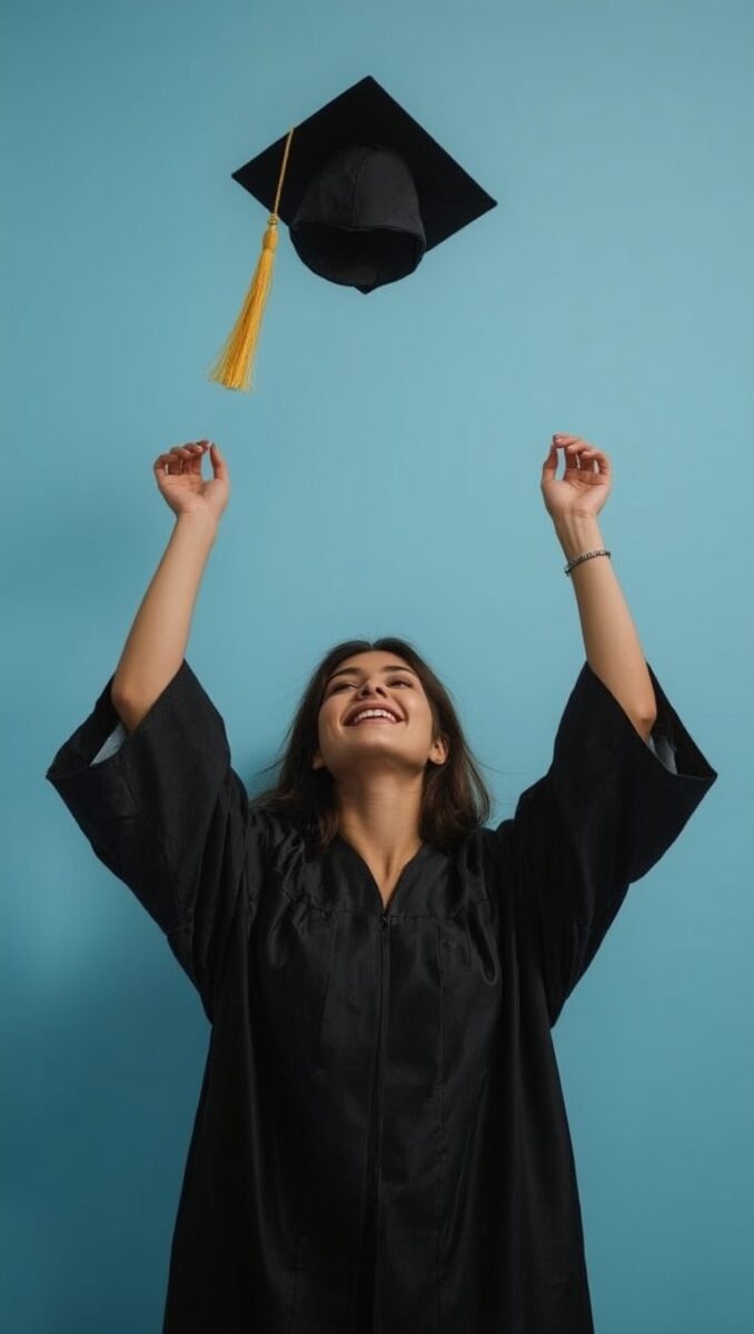 Young woman in black graduation gown tossing mortarboard cap in the air against blue background