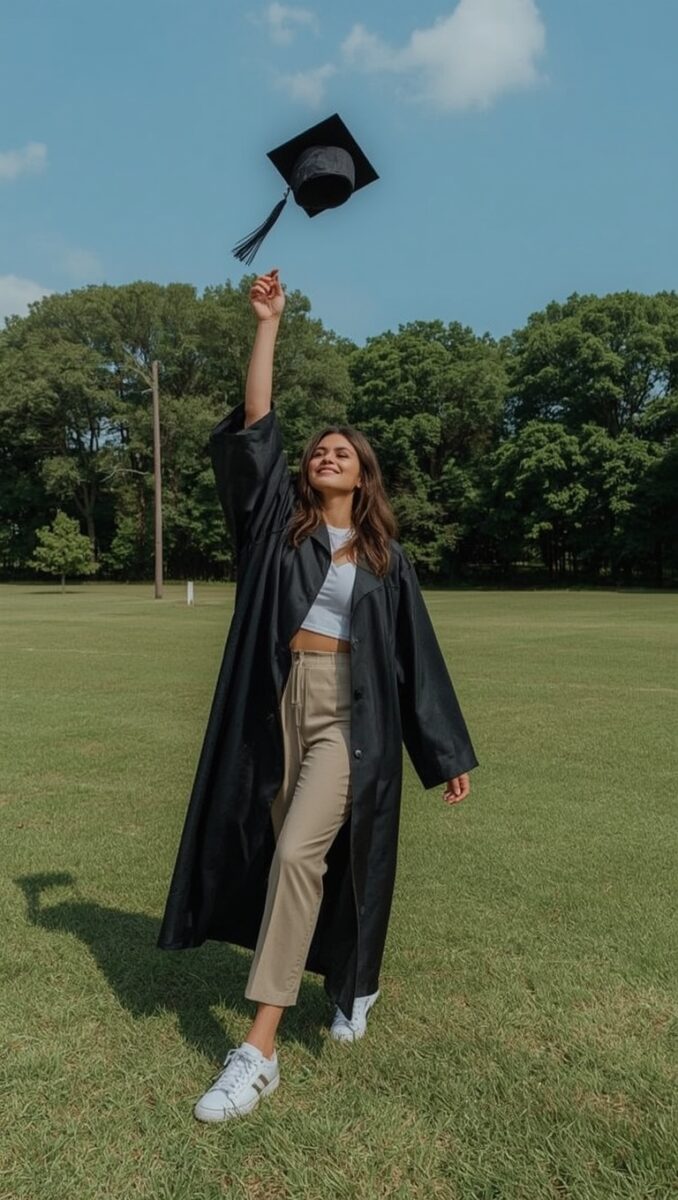 Young woman in black graduation gown tossing mortarboard cap in the air on a green field