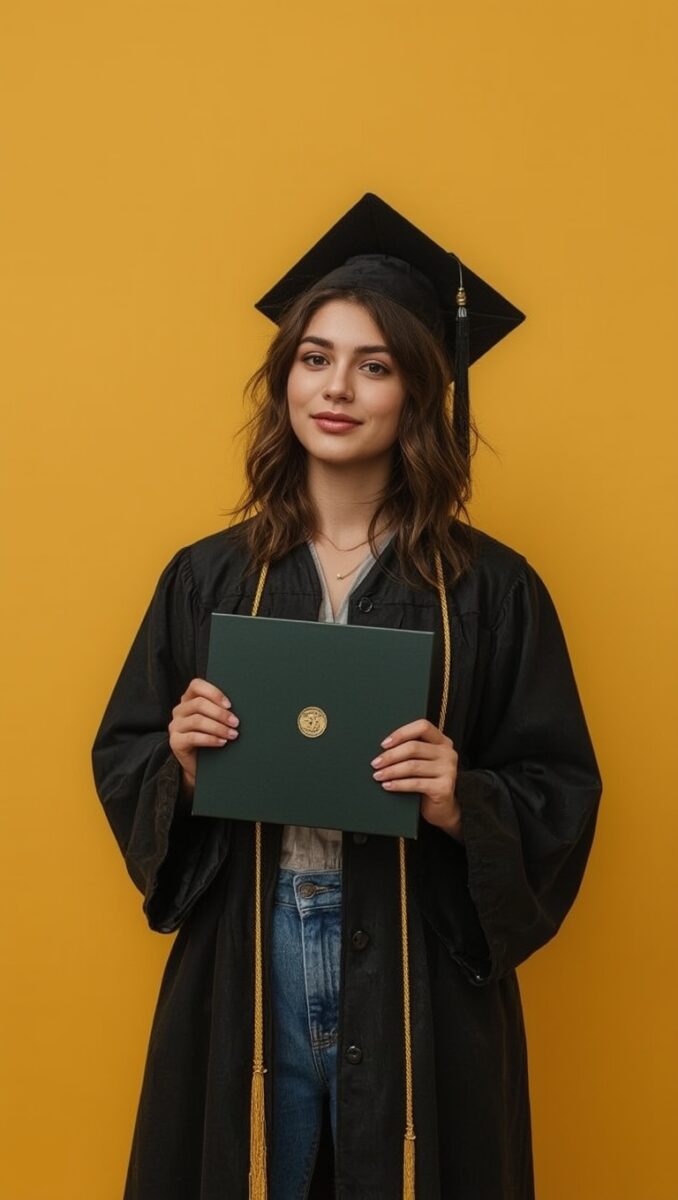 Young woman in black graduation cap and gown holding a green diploma folder against a yellow background