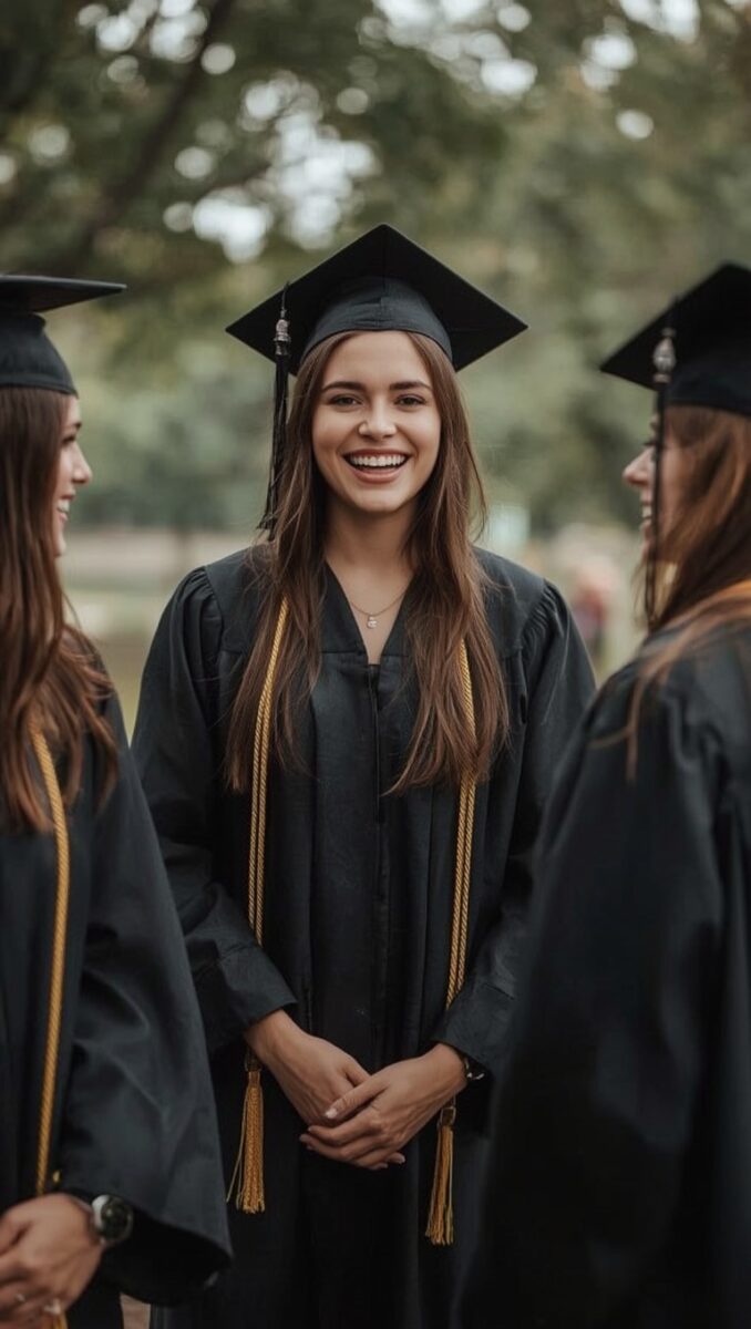 Smiling female graduate in black cap and gown with gold honor cords standing with peers outdoors