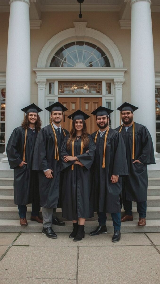 Five college graduates in black caps and gowns with gold stoles posing on steps of a columned building