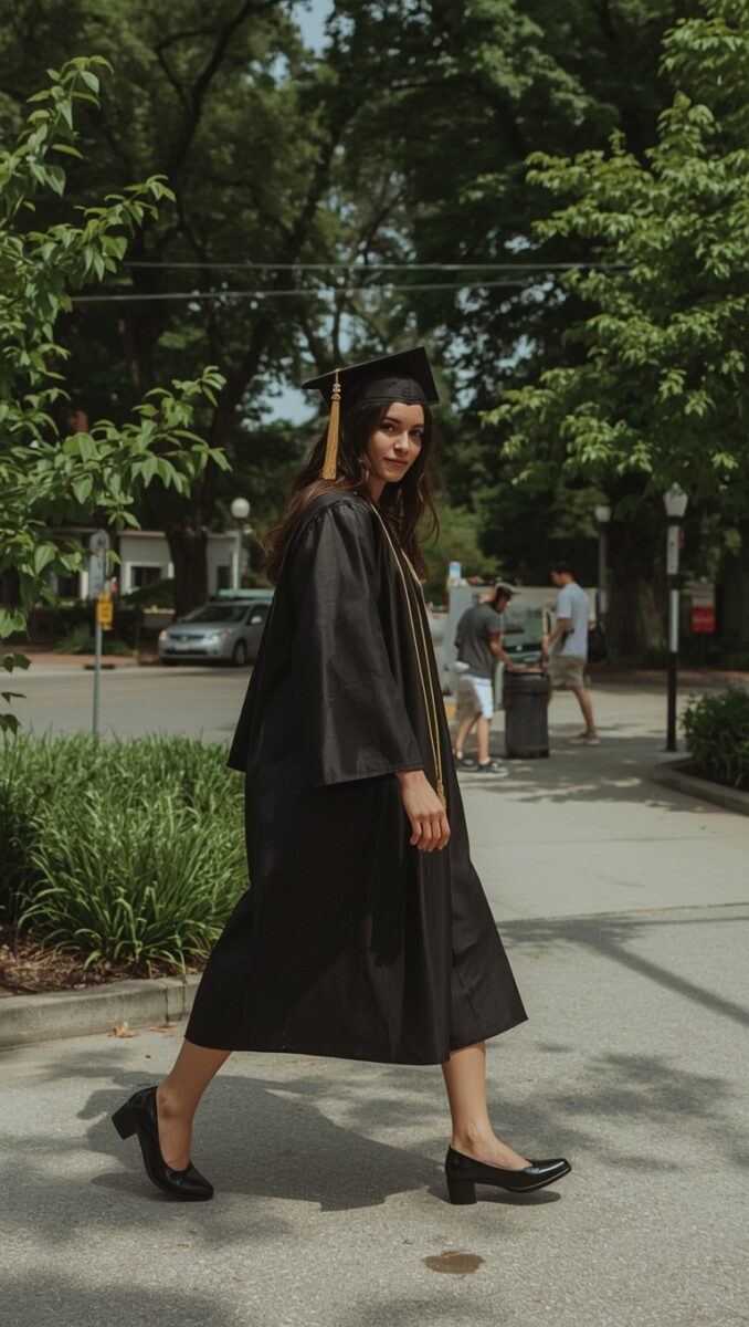 Young woman in black graduation cap and gown with gold tassel walking on a tree-lined campus path