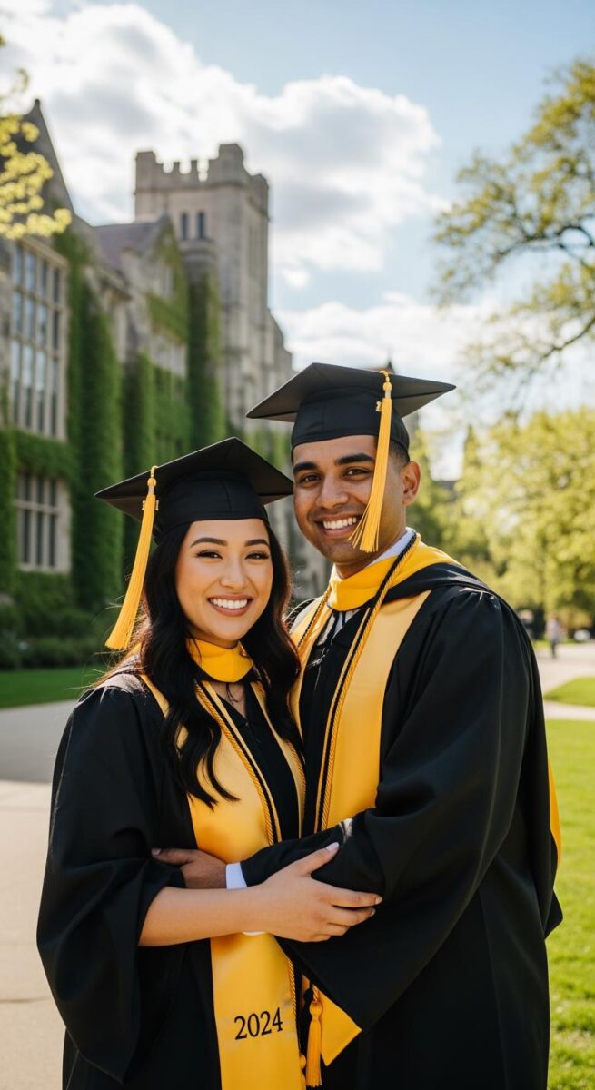 Two smiling graduates in black gowns and gold stoles with mortarboards pose together in front of ivy-covered university building, Class of 2024