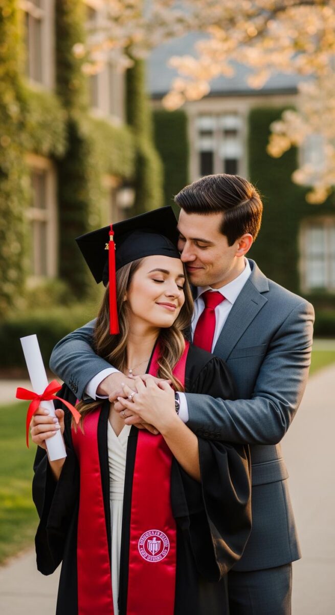 Female graduate in black cap and gown with red stole holding diploma, embraced by man in gray suit with red tie