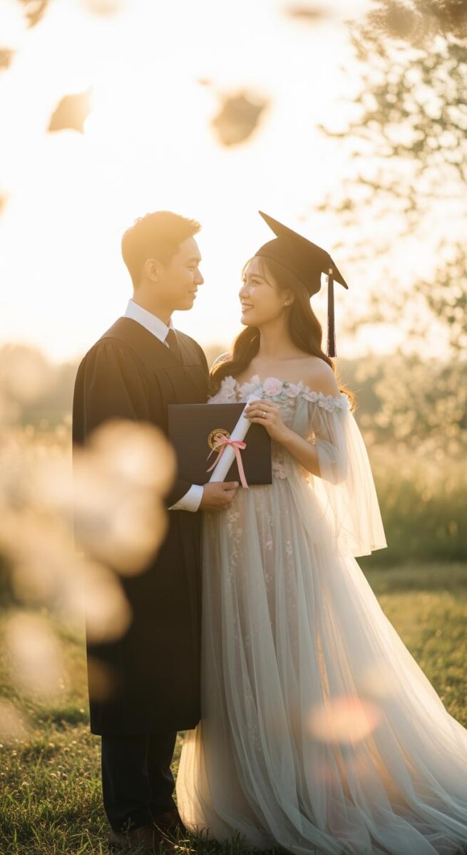 Couple posing together at graduation, woman in floral tulle gown and cap holding diploma, man in black academic robe