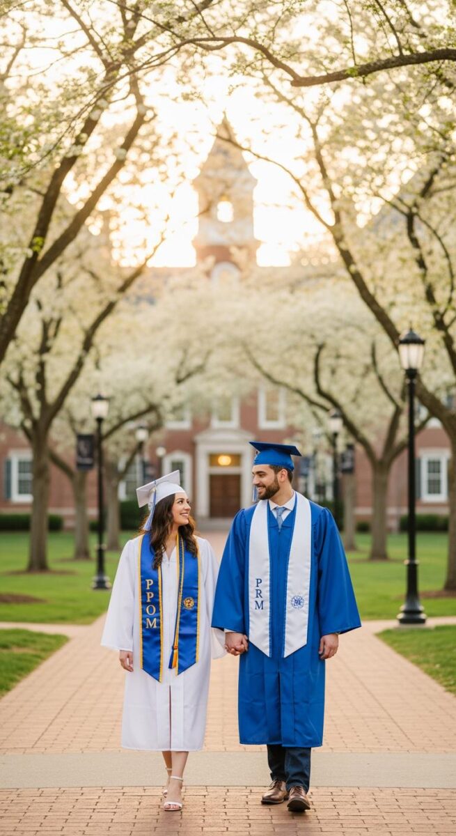 Two graduates in caps and gowns holding hands on a blooming tree-lined brick pathway with a red brick clock tower building behind them