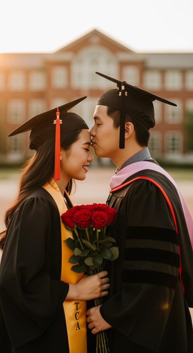 Two graduates in black caps and gowns sharing a forehead kiss while holding a bouquet of red roses
