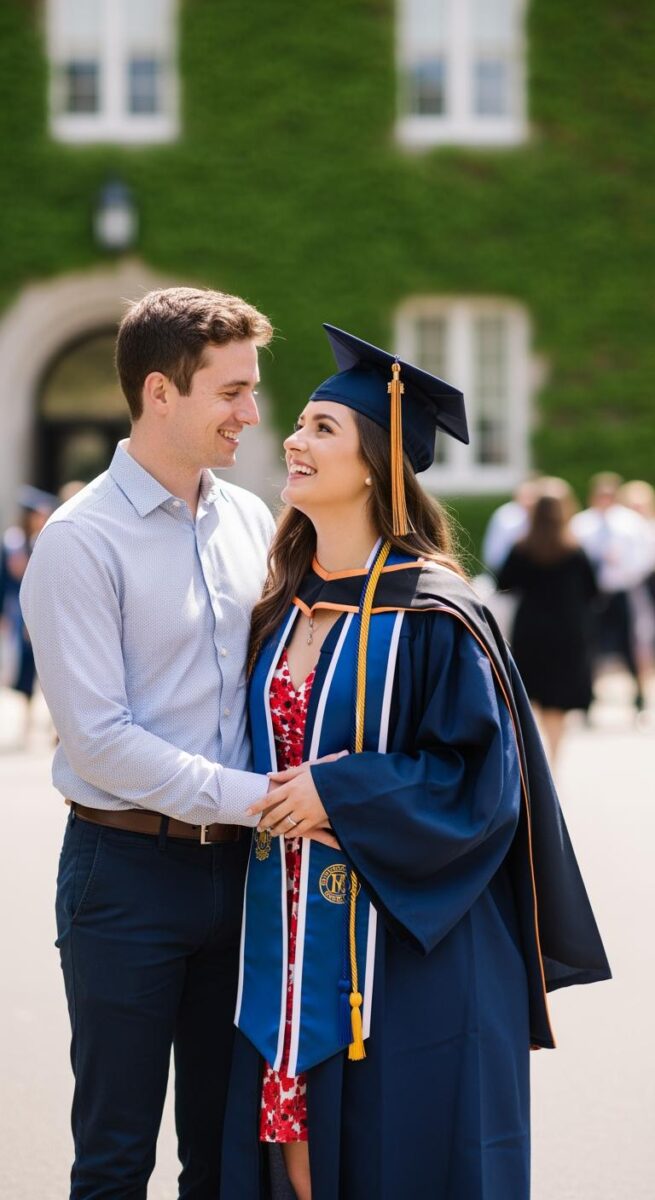 Smiling graduate in navy cap and gown embraced by partner outside ivy-covered university building
