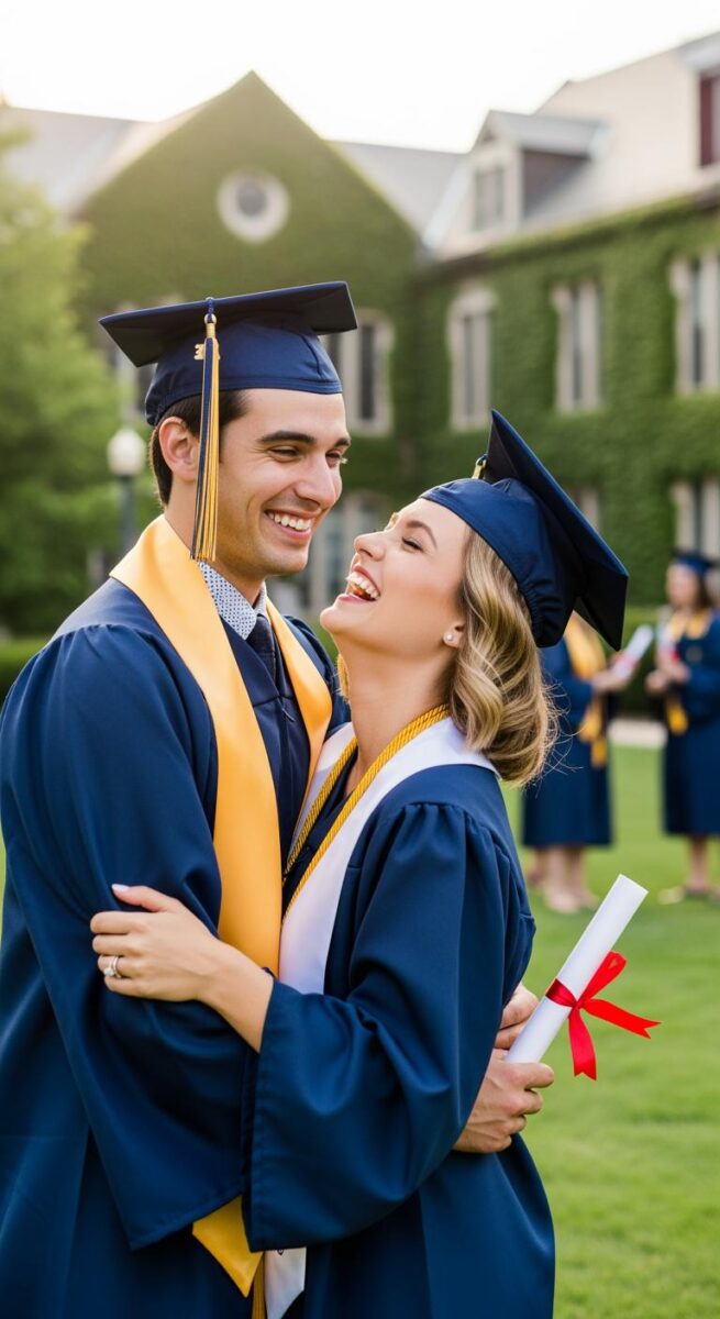 Two college graduates in navy blue caps and gowns with gold stoles embracing and laughing on campus