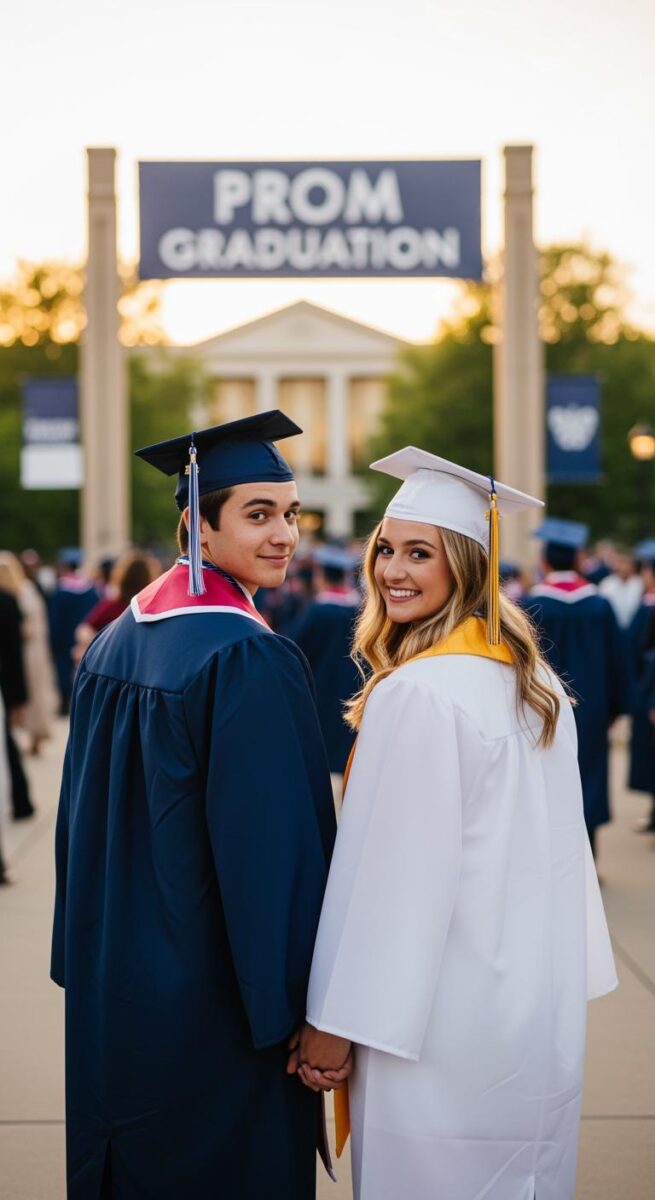 Two graduates in navy and white cap and gown holding hands at graduation ceremony under a Prom Graduation banner