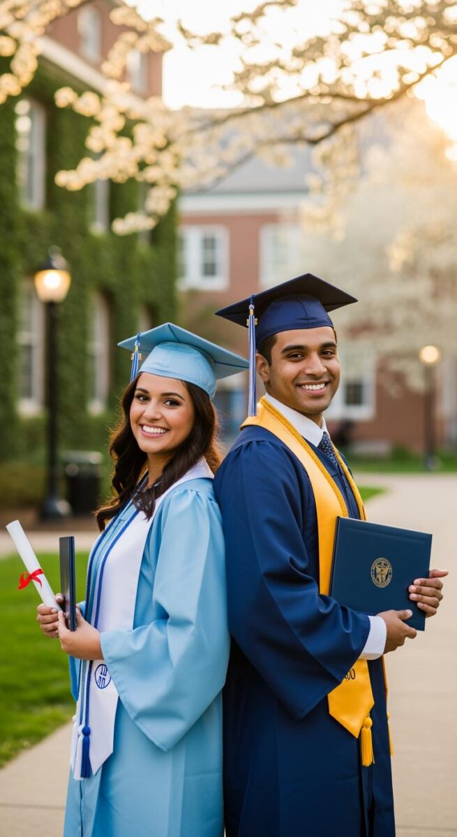Two smiling graduates in cap and gown holding diplomas on a university campus pathway in spring