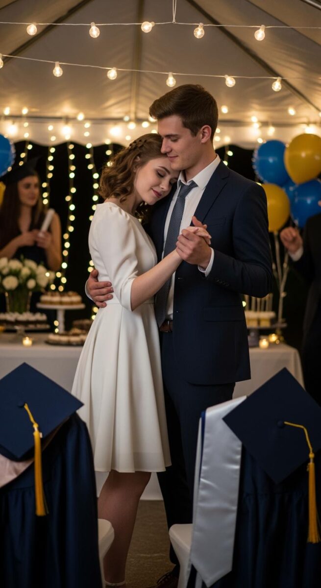 Young couple slow dancing at a graduation party under string lights with navy graduation caps in foreground